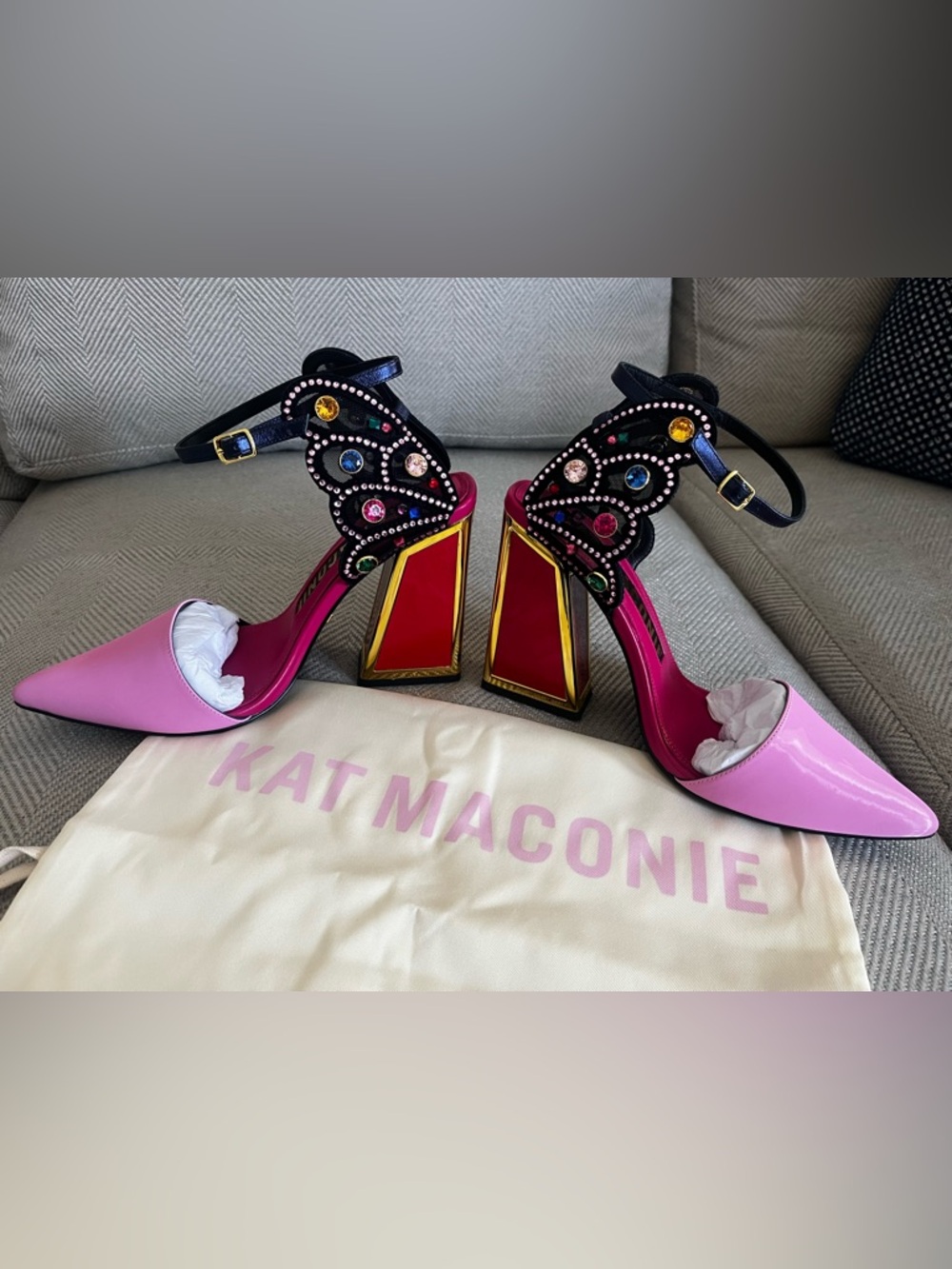 Size 40 Kat Maconie Pink Jeweled Butterfly Block Heel Pumps
